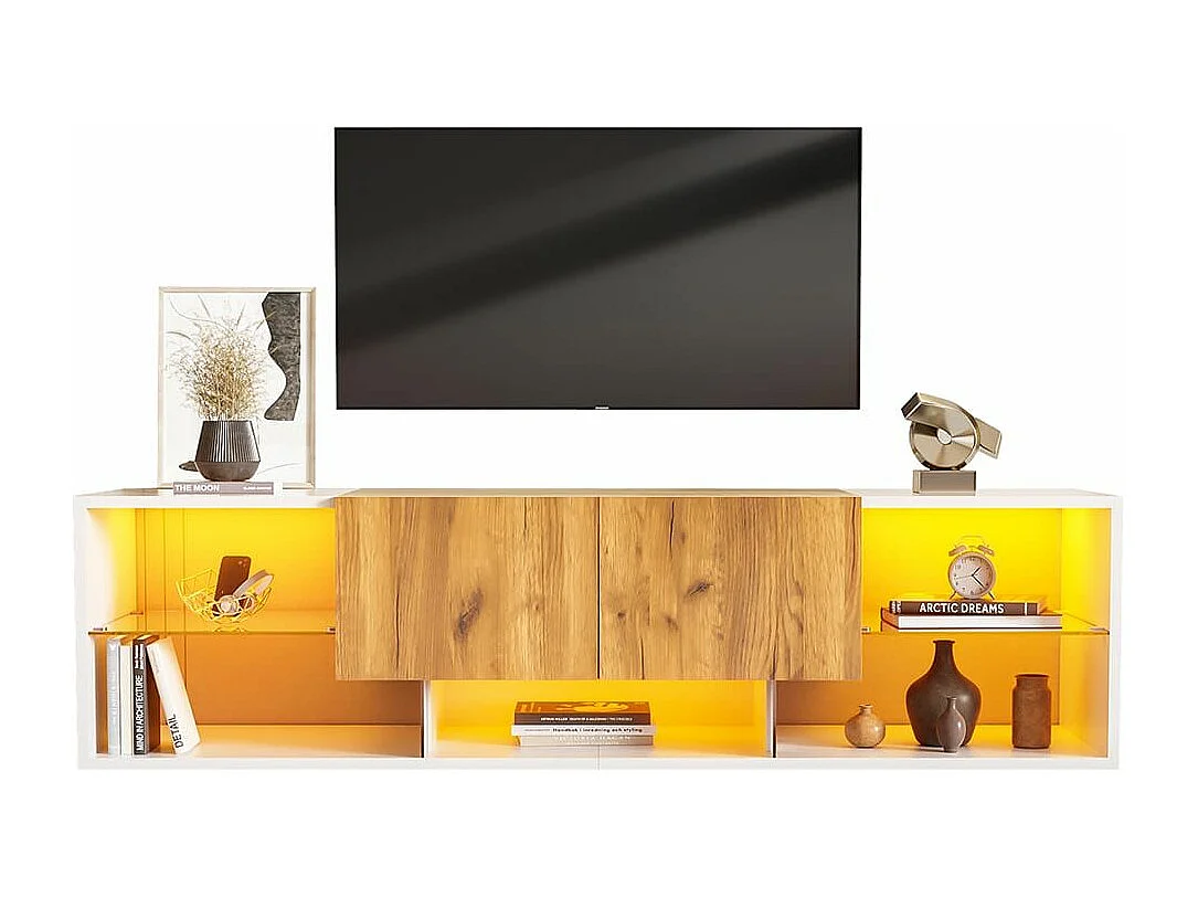 Tv-meubel met 3 niveaus in antiek wit eiken, industrieel design Veilige glazen planken, 2 lades met softclose