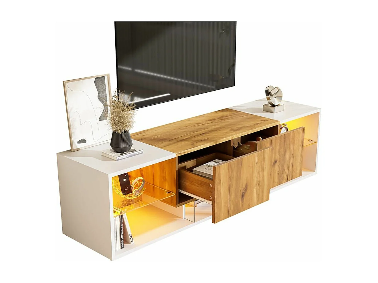 Tv-meubel met 3 niveaus in antiek wit eiken, industrieel design Veilige glazen planken, 2 lades met softclose