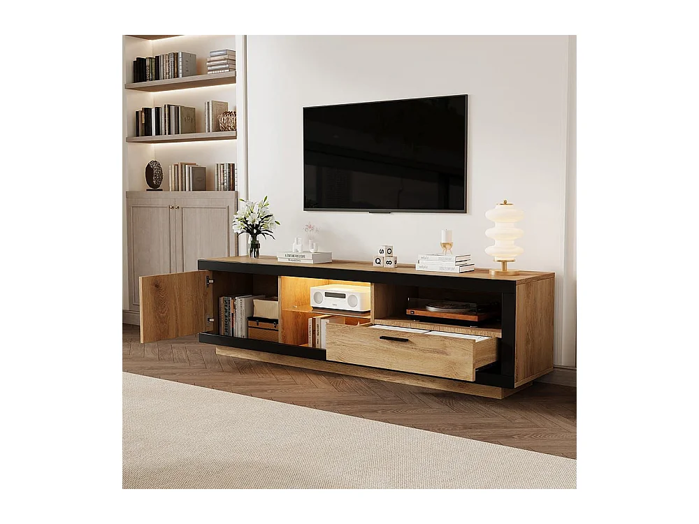 Moderne lage tv-meubel met ledverlichting en transparante glazen planken Multimedia-opbergmeubel in zwart en natuurlijk eiken