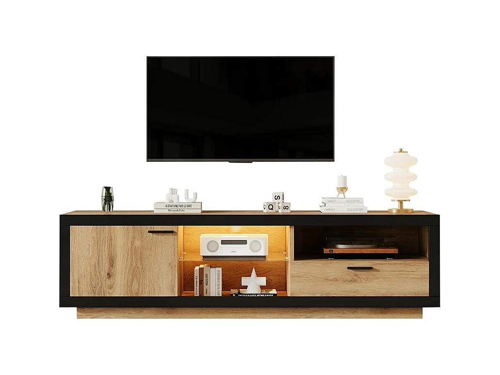 Moderne lage tv-meubel met ledverlichting en transparante glazen planken Multimedia-opbergmeubel in zwart en natuurlijk eiken