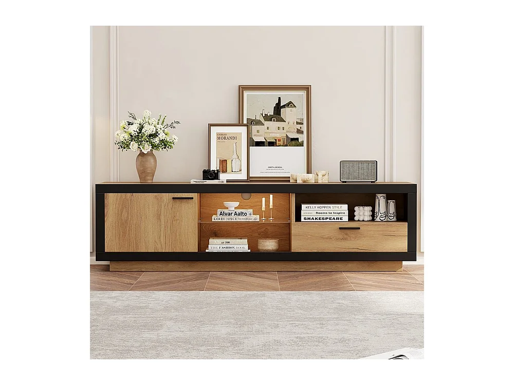 Moderne lage tv-meubel met ledverlichting en transparante glazen planken Multimedia-opbergmeubel in zwart en natuurlijk eiken