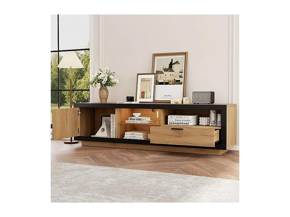 Moderne lage tv-meubel met ledverlichting en transparante glazen planken Multimedia-opbergmeubel in zwart en natuurlijk eiken