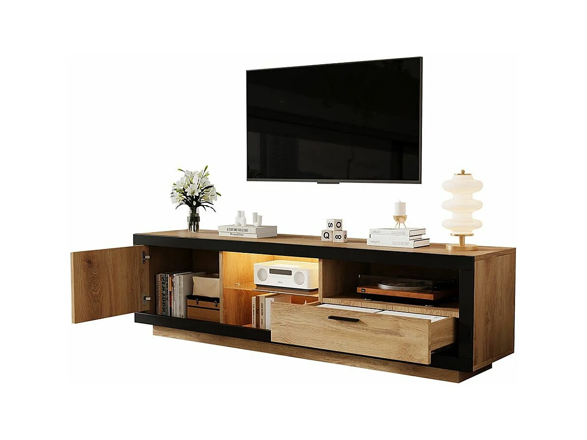 Moderne lage tv-meubel met ledverlichting en transparante glazen planken Multimedia-opbergmeubel in zwart en natuurlijk eiken