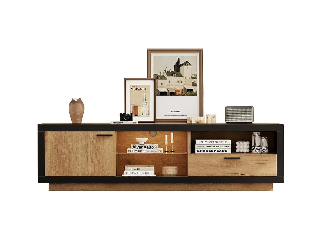 Moderne lage tv-meubel met ledverlichting en transparante glazen planken Multimedia-opbergmeubel in zwart en natuurlijk eiken