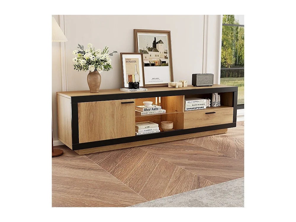 Moderne lage tv-meubel met ledverlichting en transparante glazen planken Multimedia-opbergmeubel in zwart en natuurlijk eiken