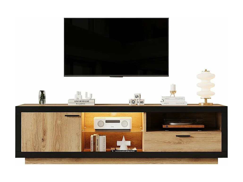 Meuble TV bas LED moderne étagères verre transparent Rangement multimédia noir chêne naturel