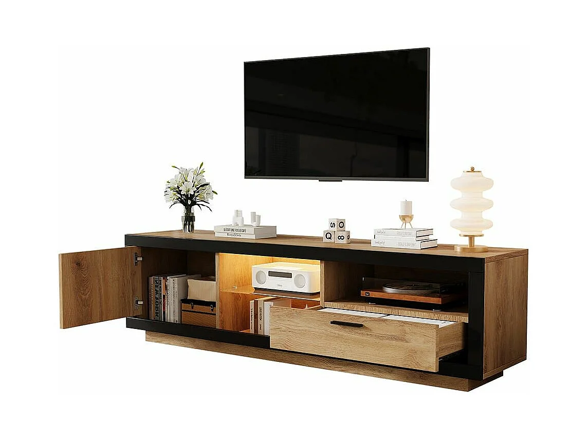 Meuble TV bas LED moderne étagères verre transparent Rangement multimédia noir chêne naturel