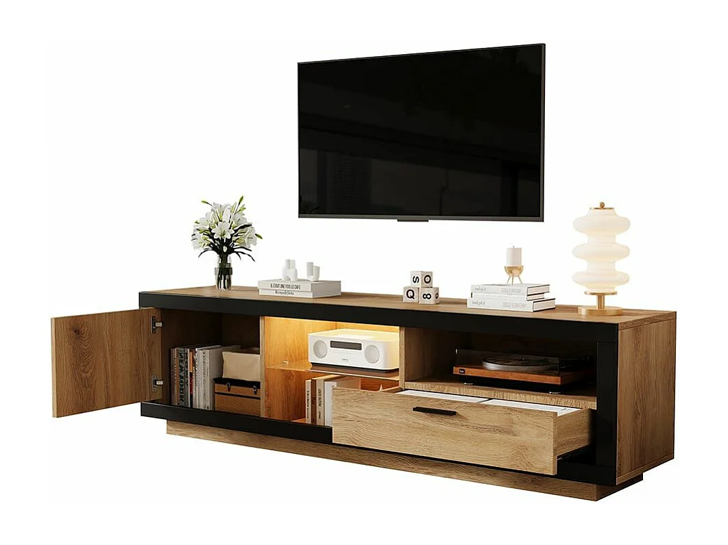 Meuble TV bas LED moderne étagères verre transparent Rangement multimédia noir chêne naturel