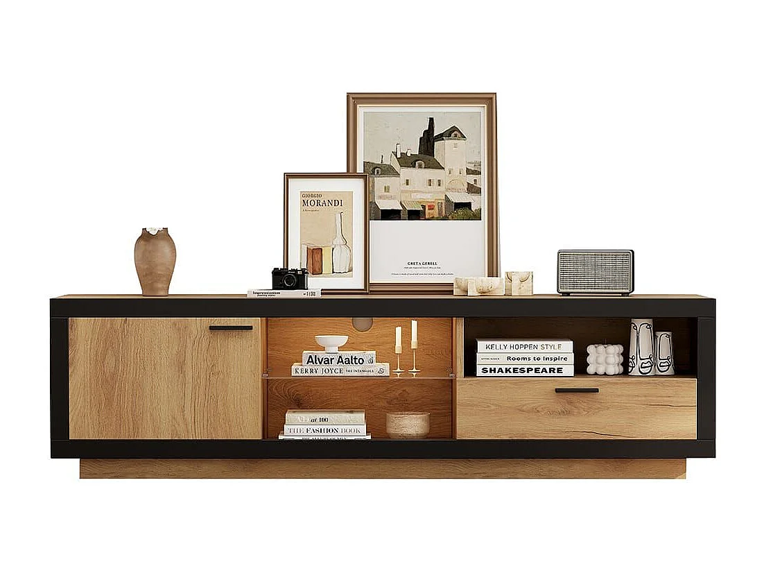 Meuble TV bas LED moderne étagères verre transparent Rangement multimédia noir chêne naturel