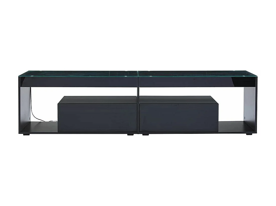 Zwarte LED-tv-meubel met 2 lades, laag profiel, versterkte structuur, glanzend zwart glas