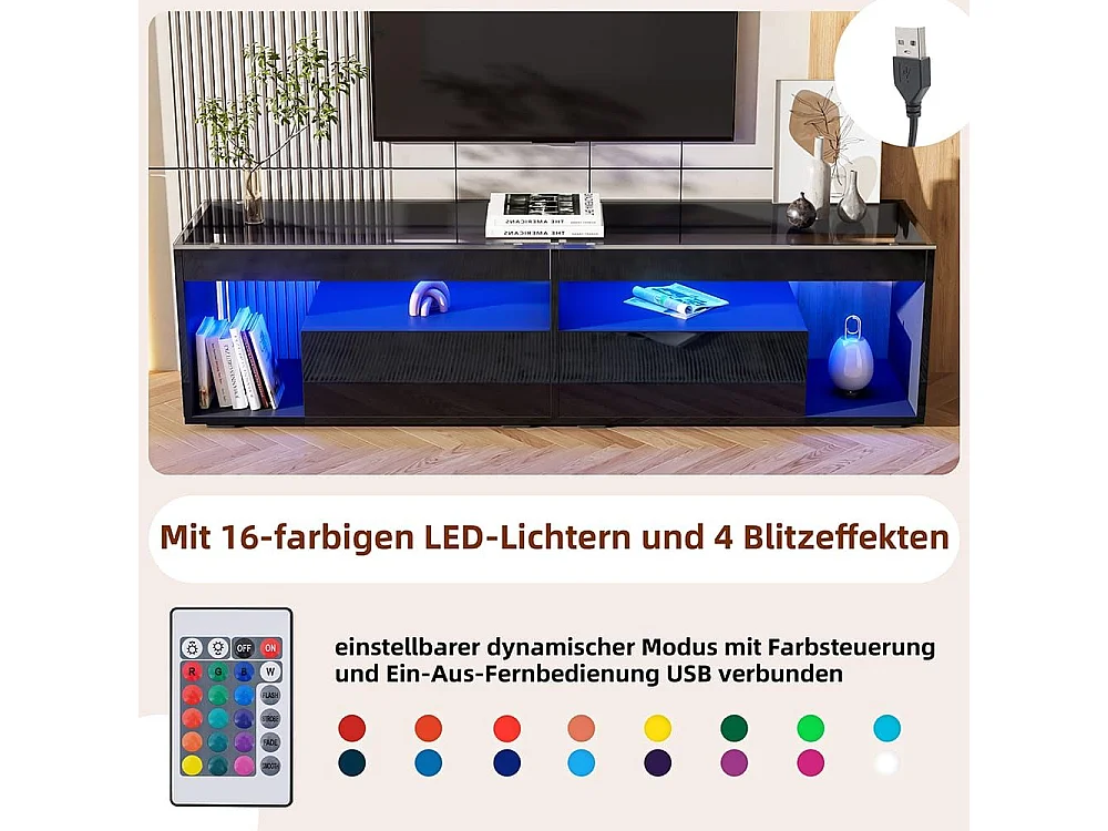 Zwarte LED-tv-meubel met 2 lades, laag profiel, versterkte structuur, glanzend zwart glas