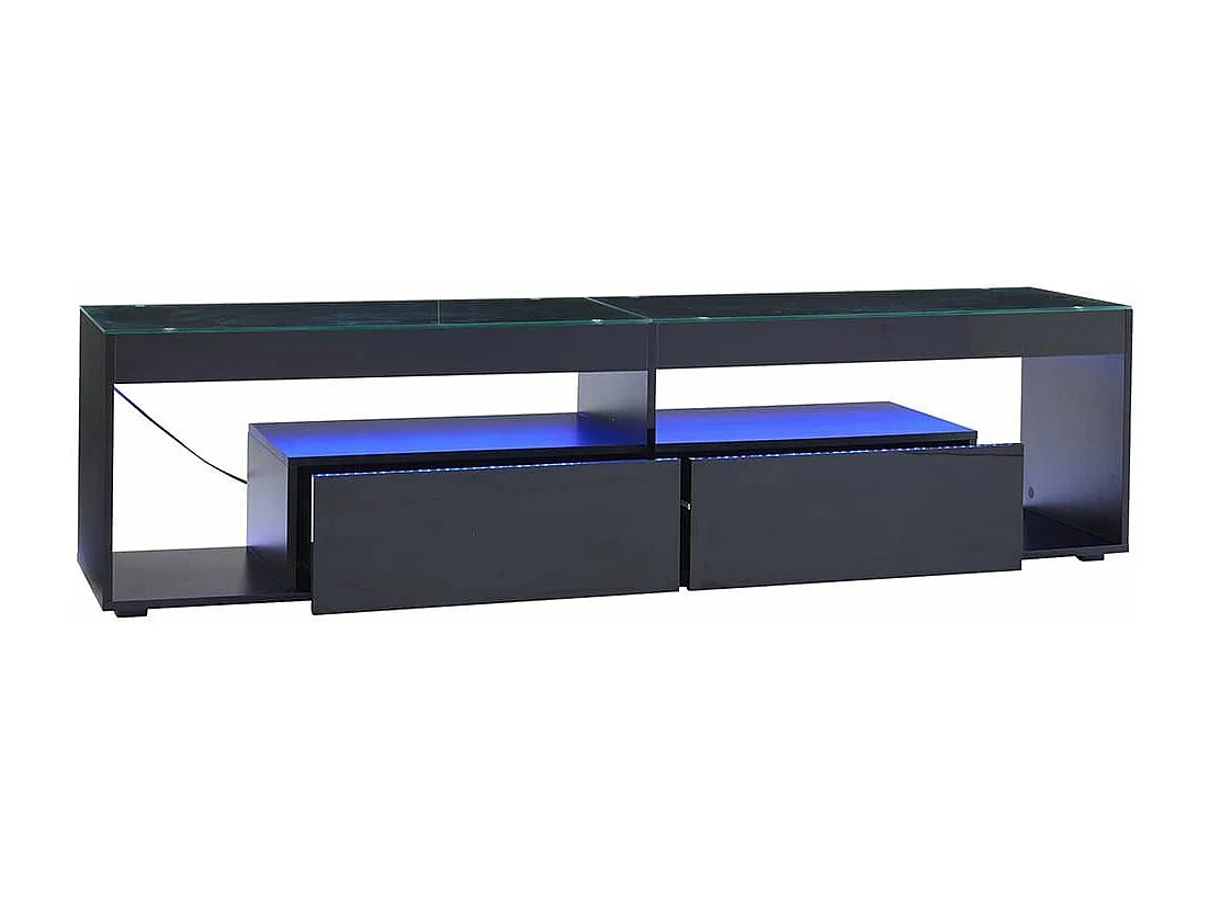 Meuble TV LED noir 2 tiroirs profil bas structure renforcée verre noir brillant