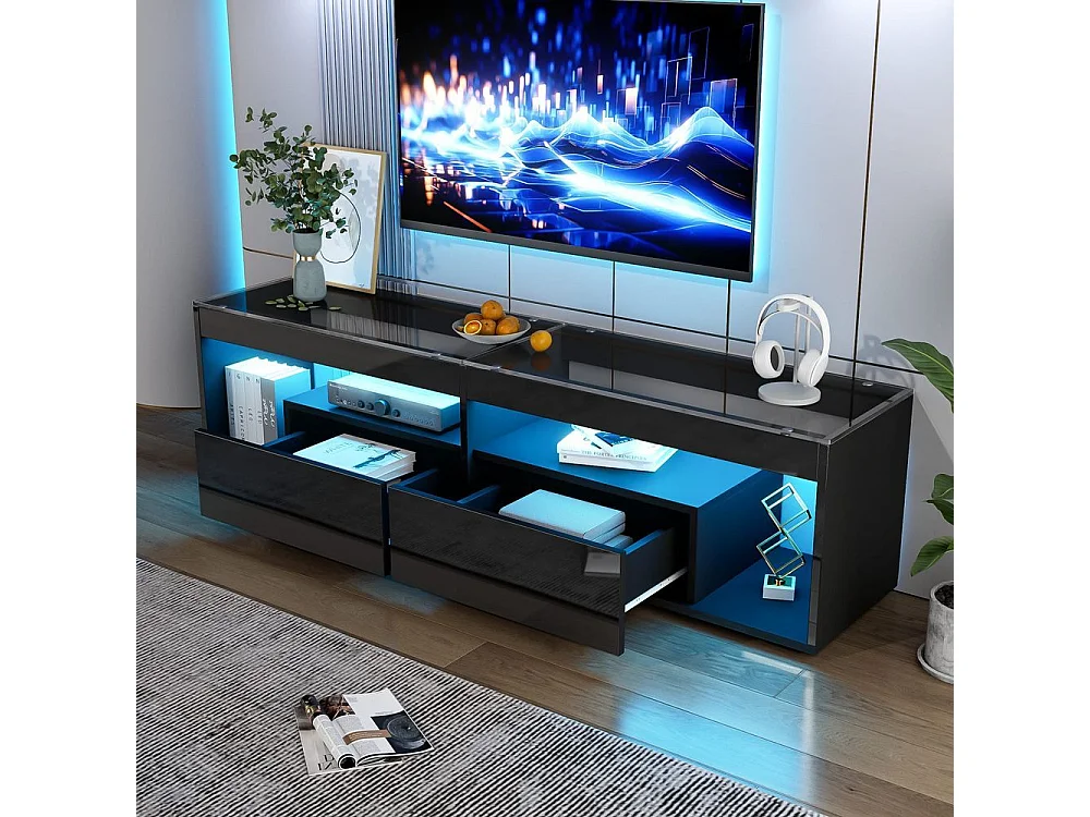 Meuble TV LED noir 2 tiroirs profil bas structure renforcée verre noir brillant
