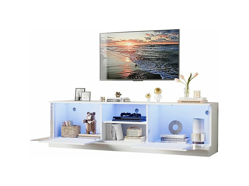 Glanzend wit tv-meubel op poten, futuristisch design Geïntegreerde ledverlichting, moderne opbergruimte voor in de woonkamer