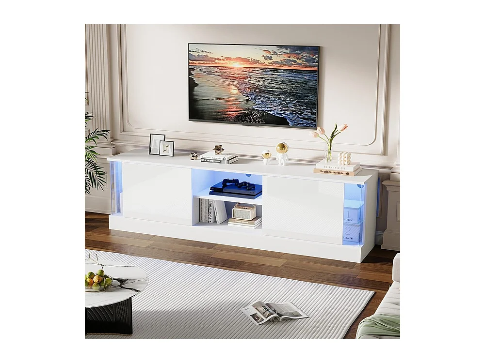 Glanzend wit tv-meubel op poten, futuristisch design Geïntegreerde ledverlichting, moderne opbergruimte voor in de woonkamer