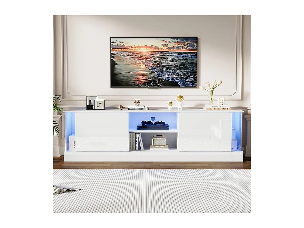 Glanzend wit tv-meubel op poten, futuristisch design Geïntegreerde ledverlichting, moderne opbergruimte voor in de woonkamer