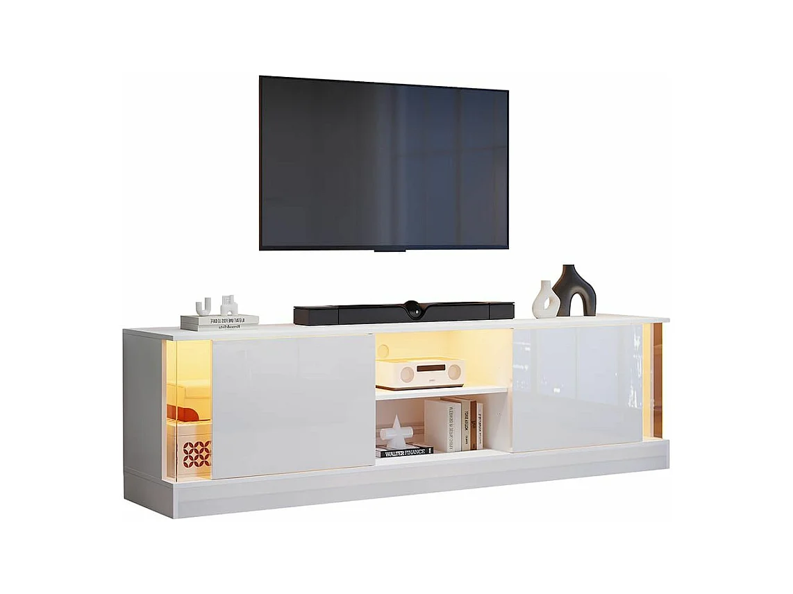 Glanzend wit tv-meubel op poten, futuristisch design Geïntegreerde ledverlichting, moderne opbergruimte voor in de woonkamer