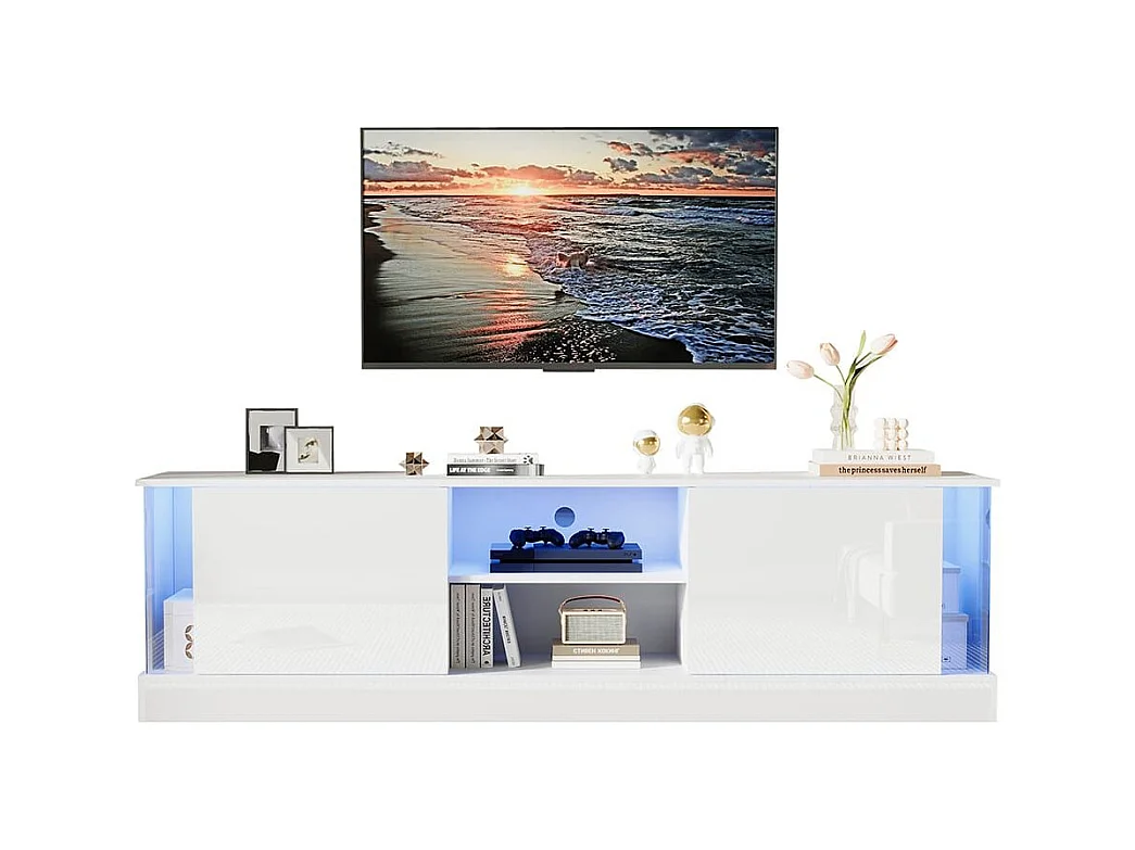 Glanzend wit tv-meubel op poten, futuristisch design Geïntegreerde ledverlichting, moderne opbergruimte voor in de woonkamer