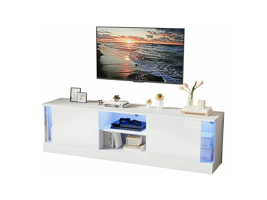 Glanzend wit tv-meubel op poten, futuristisch design Geïntegreerde ledverlichting, moderne opbergruimte voor in de woonkamer