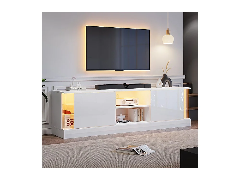 Glanzend wit tv-meubel op poten, futuristisch design Geïntegreerde ledverlichting, moderne opbergruimte voor in de woonkamer