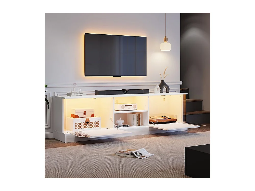 Glanzend wit tv-meubel op poten, futuristisch design Geïntegreerde ledverlichting, moderne opbergruimte voor in de woonkamer