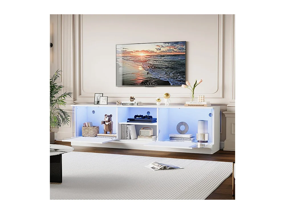 Meuble TV blanc brillant sur pied design futuriste Fonction rangement LED intégrée salon moderne