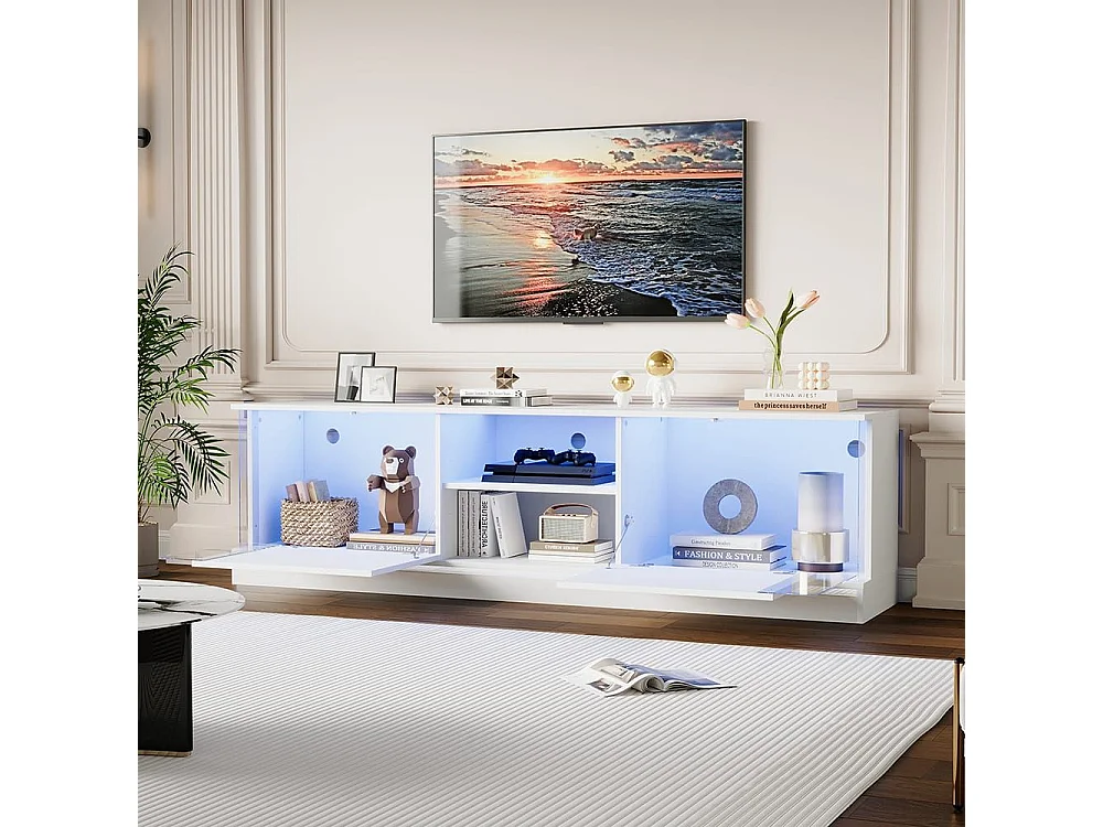 Glanzend wit tv-meubel op poten, futuristisch design Geïntegreerde ledverlichting, moderne opbergruimte voor in de woonkamer