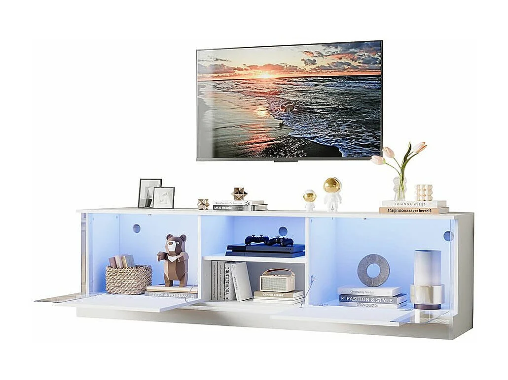 Glanzend wit tv-meubel op poten, futuristisch design Geïntegreerde ledverlichting, moderne opbergruimte voor in de woonkamer