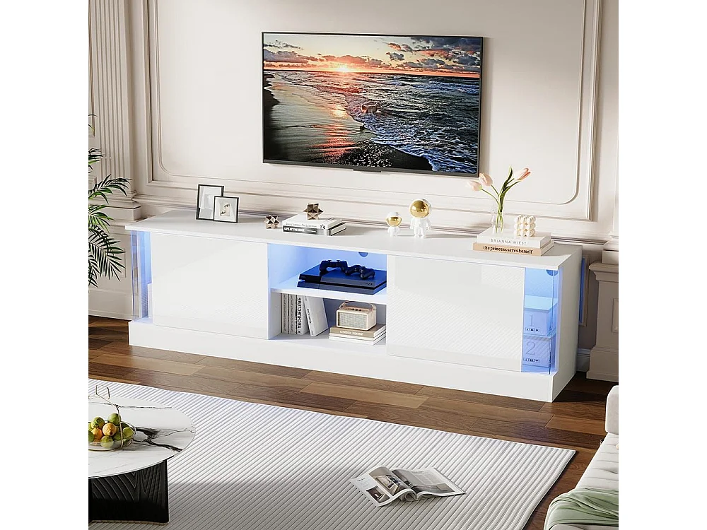 Glanzend wit tv-meubel op poten, futuristisch design Geïntegreerde ledverlichting, moderne opbergruimte voor in de woonkamer