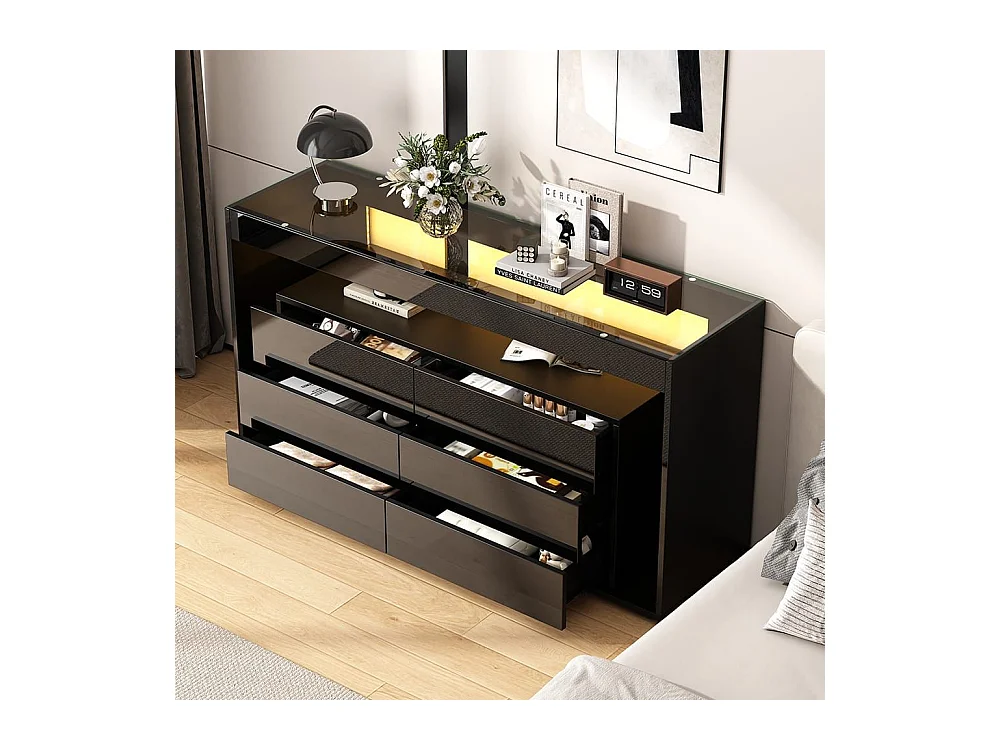 Buffet 6 tiroirs noir design luxe plateau verre trempé Double couche éclairage LED intégré moderne