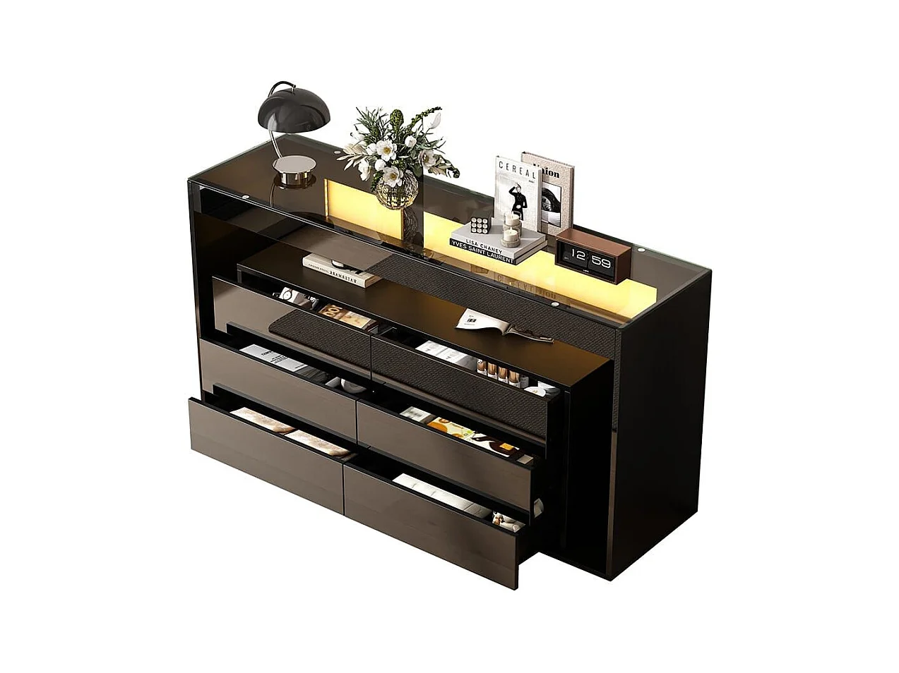 Buffet 6 tiroirs noir design luxe plateau verre trempé Double couche éclairage LED intégré moderne