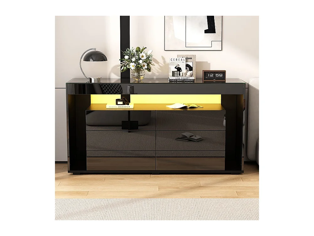 Buffet 6 tiroirs noir design luxe plateau verre trempé Double couche éclairage LED intégré moderne