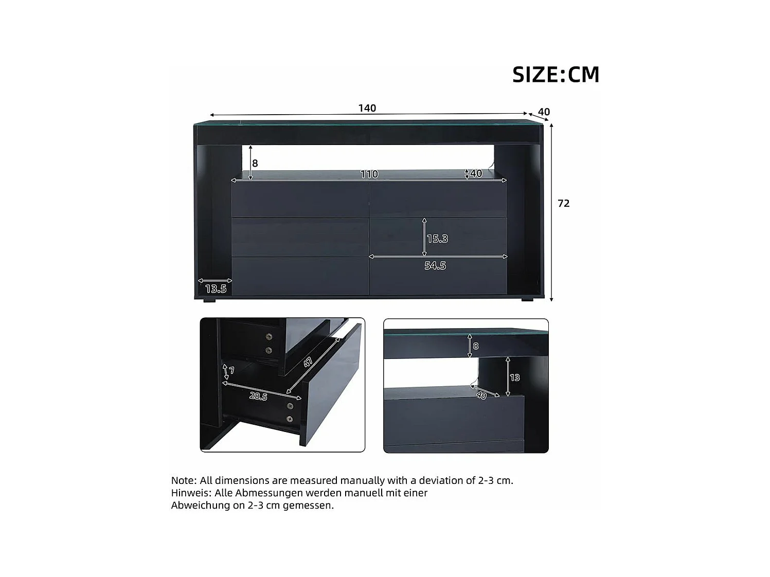 Buffet 6 tiroirs noir design luxe plateau verre trempé Double couche éclairage LED intégré moderne