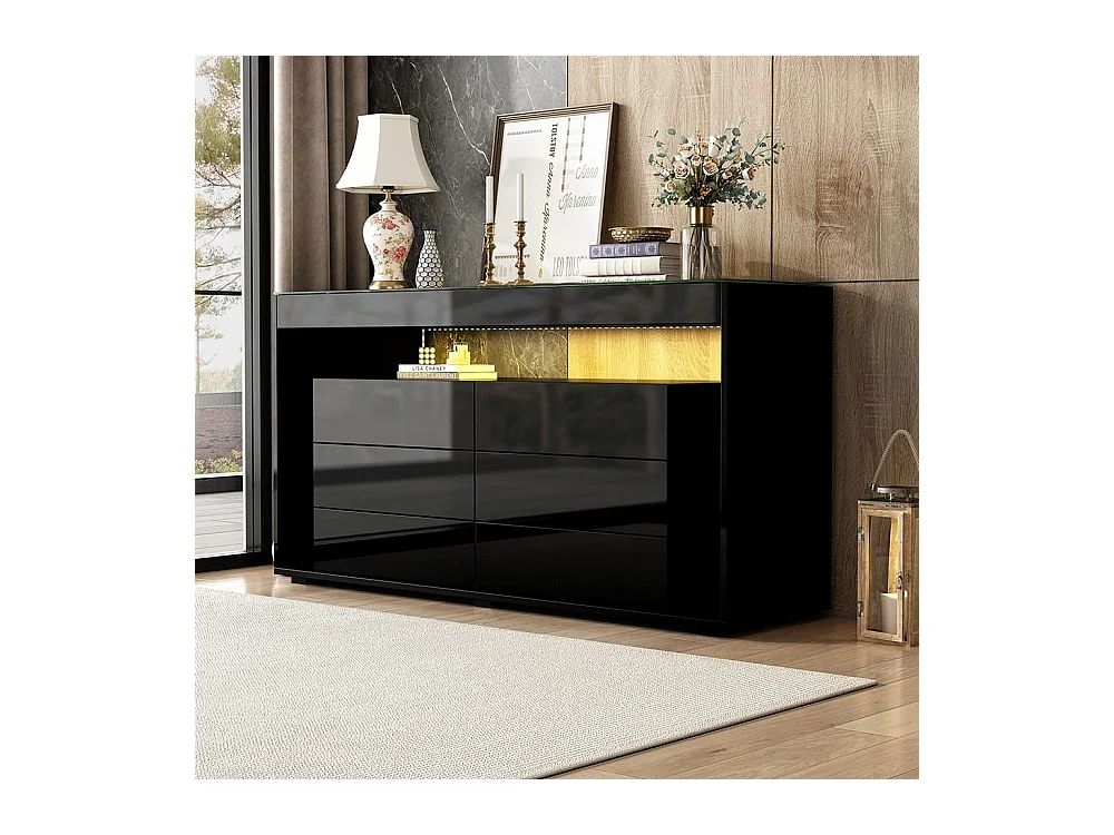 Buffet 6 tiroirs noir design luxe plateau verre trempé Double couche éclairage LED intégré moderne