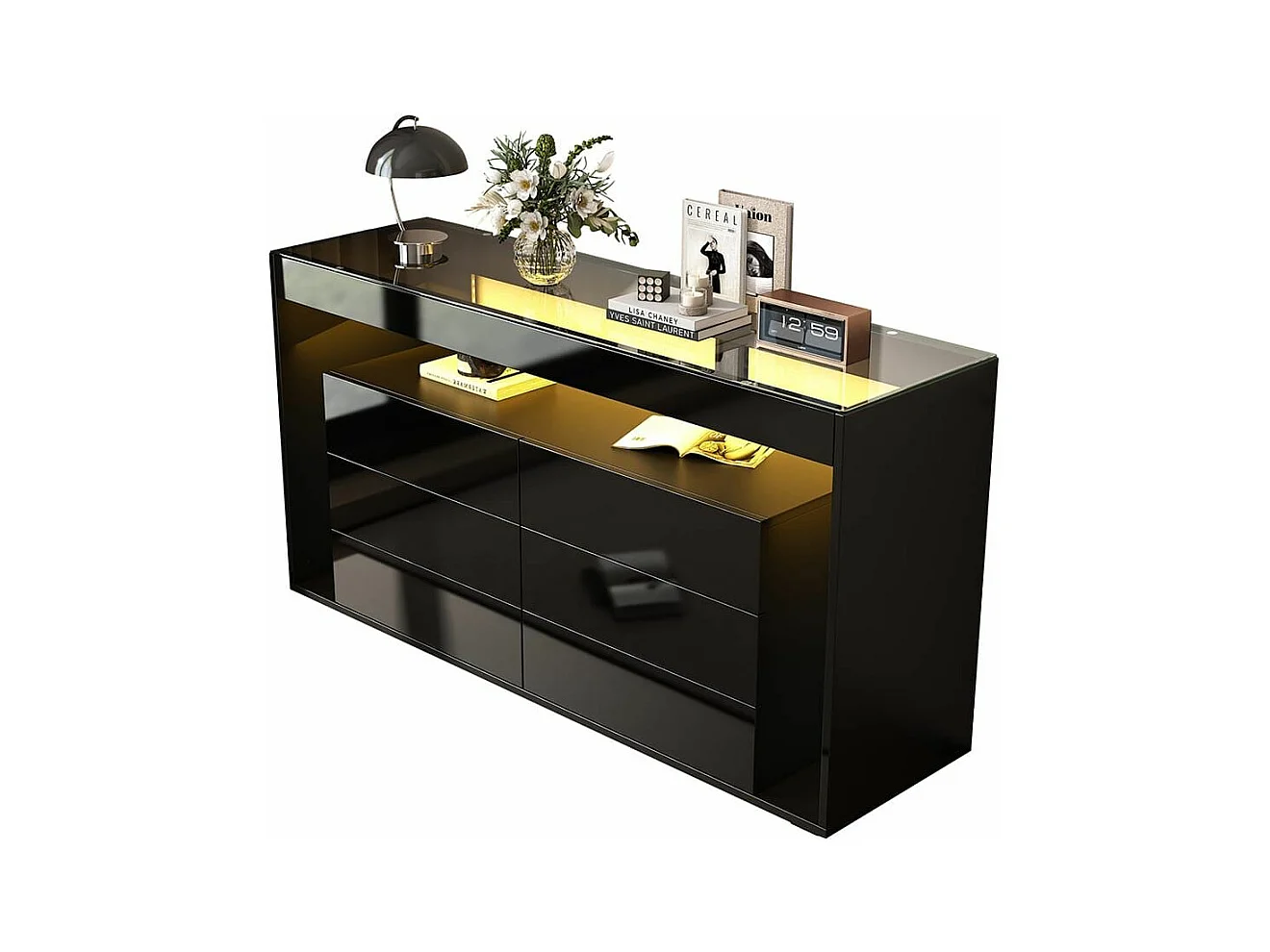 Buffet 6 tiroirs noir design luxe plateau verre trempé Double couche éclairage LED intégré moderne