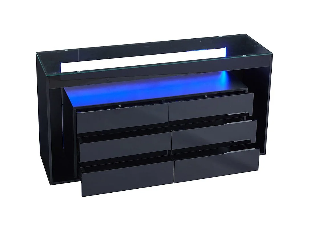 Buffet 6 tiroirs noir design luxe plateau verre trempé Double couche éclairage LED intégré moderne