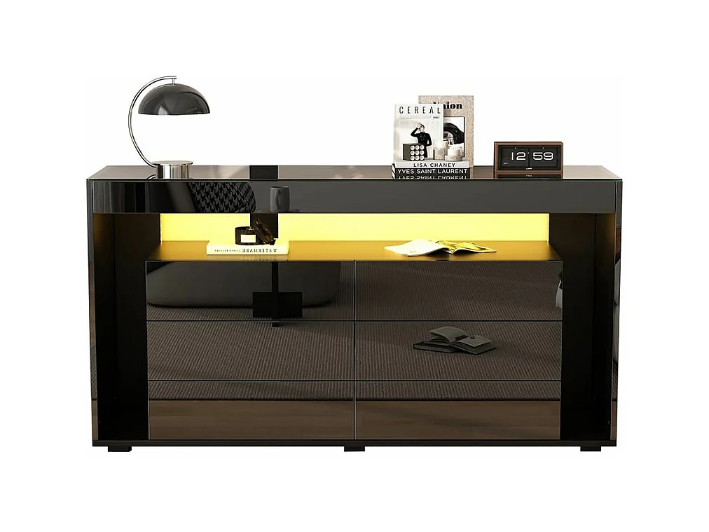 Buffet 6 tiroirs noir design luxe plateau verre trempé Double couche éclairage LED intégré moderne