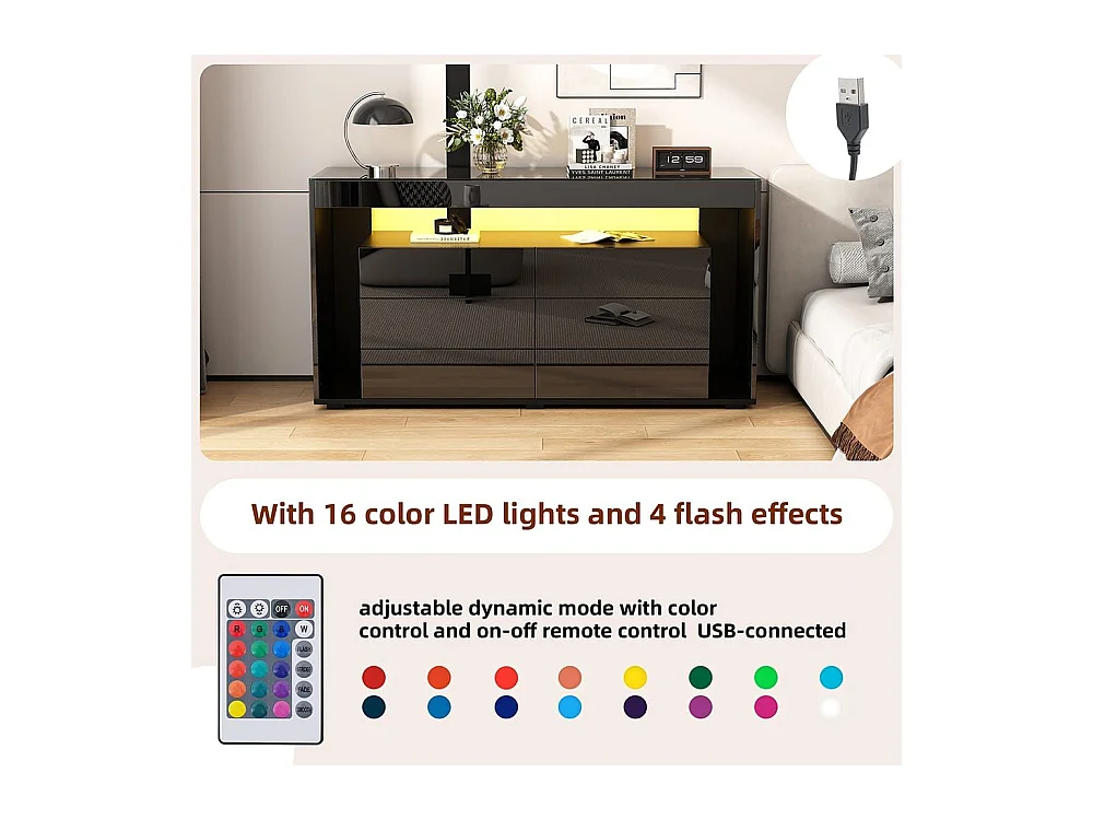 Buffet 6 tiroirs noir design luxe plateau verre trempé Double couche éclairage LED intégré moderne