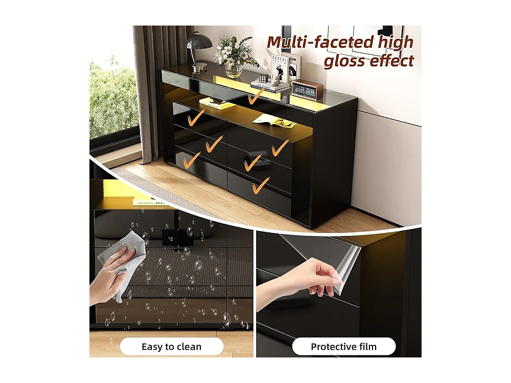 Buffet 6 tiroirs noir design luxe plateau verre trempé Double couche éclairage LED intégré moderne