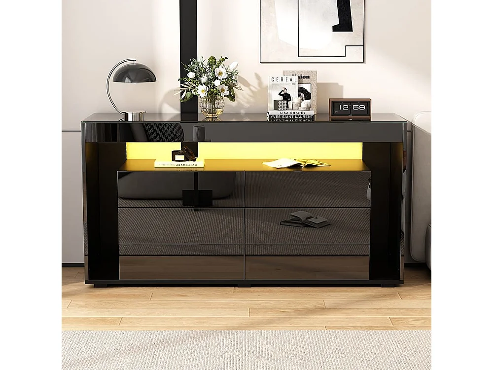 Buffet 6 tiroirs noir design luxe plateau verre trempé Double couche éclairage LED intégré moderne