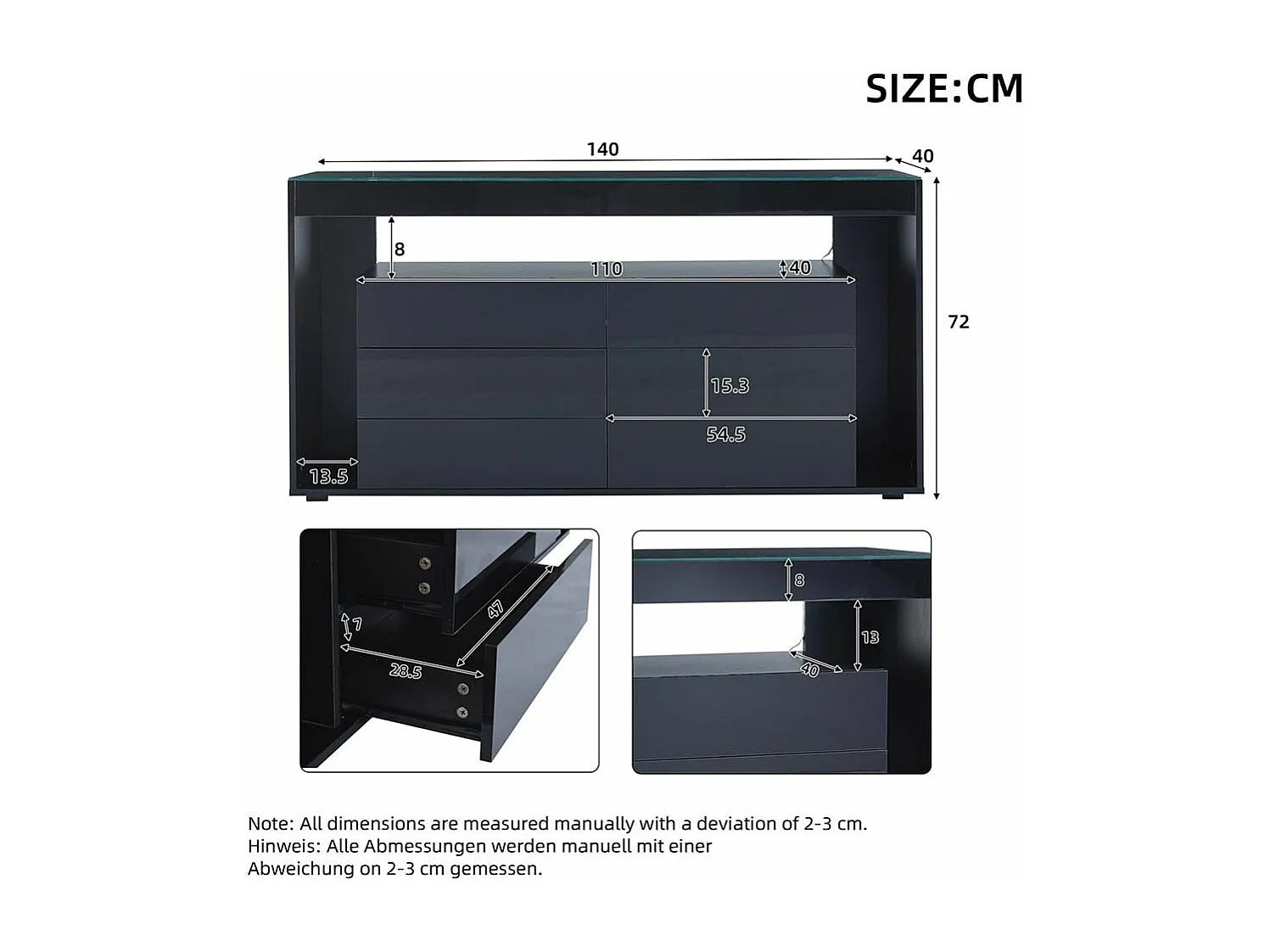 Buffet 6 tiroirs noir design luxe plateau verre trempé Double couche éclairage LED intégré moderne