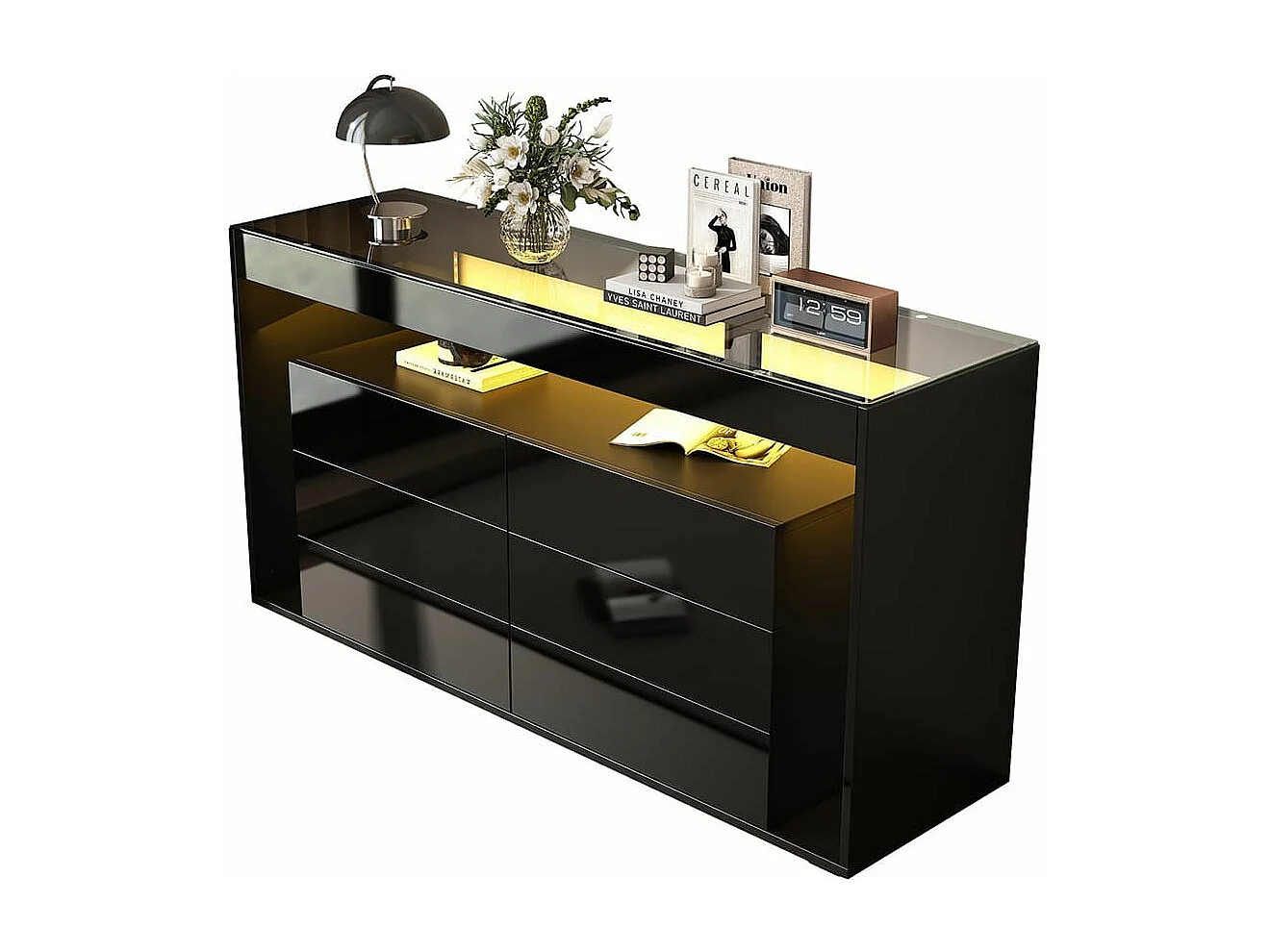 Buffet 6 tiroirs noir design luxe plateau verre trempé Double couche éclairage LED intégré moderne