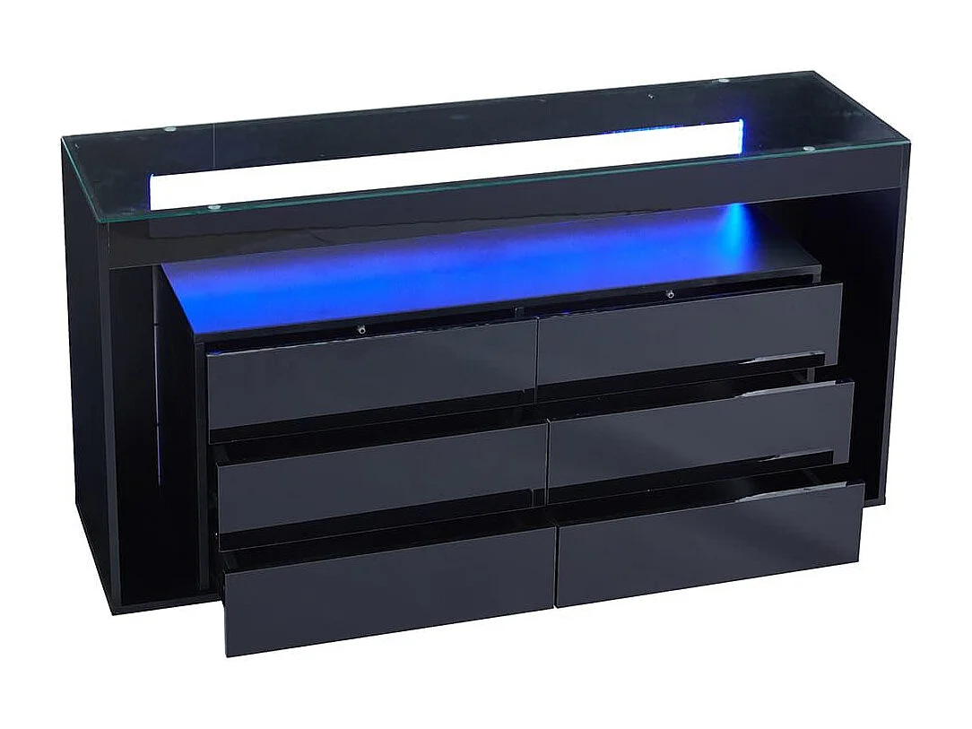 Buffet 6 tiroirs noir design luxe plateau verre trempé Double couche éclairage LED intégré moderne
