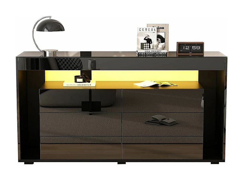 Buffet 6 tiroirs noir design luxe plateau verre trempé Double couche éclairage LED intégré moderne