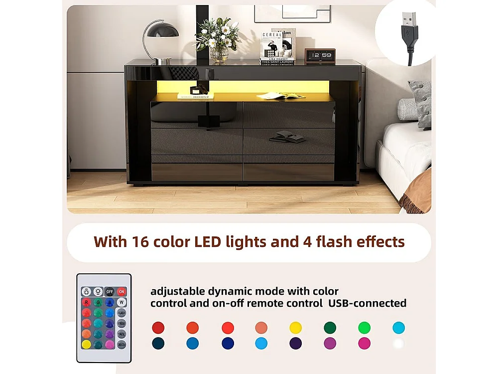 Buffet 6 tiroirs noir design luxe plateau verre trempé Double couche éclairage LED intégré moderne