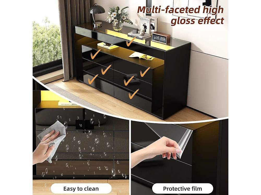Buffet 6 tiroirs noir design luxe plateau verre trempé Double couche éclairage LED intégré moderne