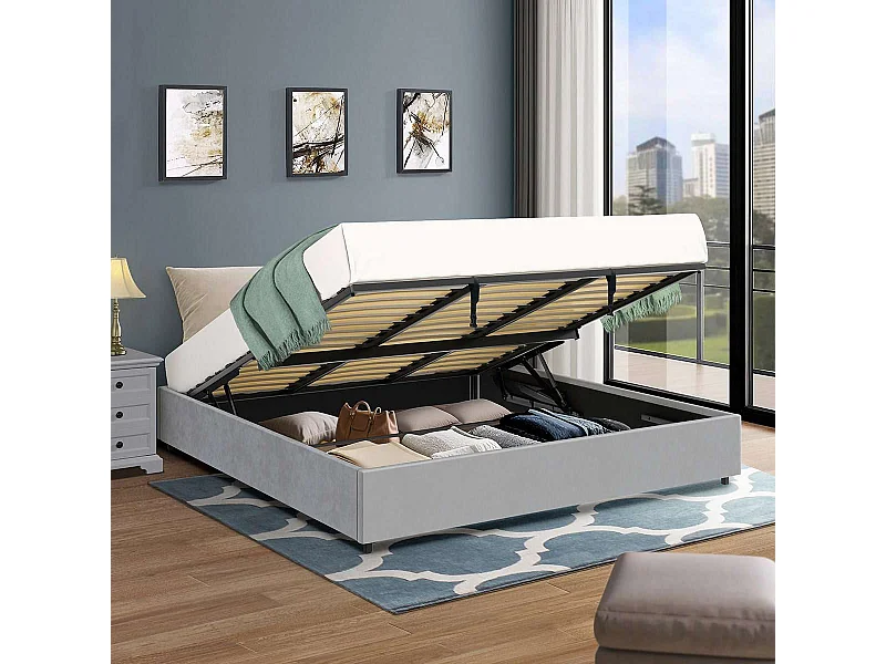 Cama con arcón – tamaño extra grande 180x200 cm – terciopelo gris – somier incluido – LANCE