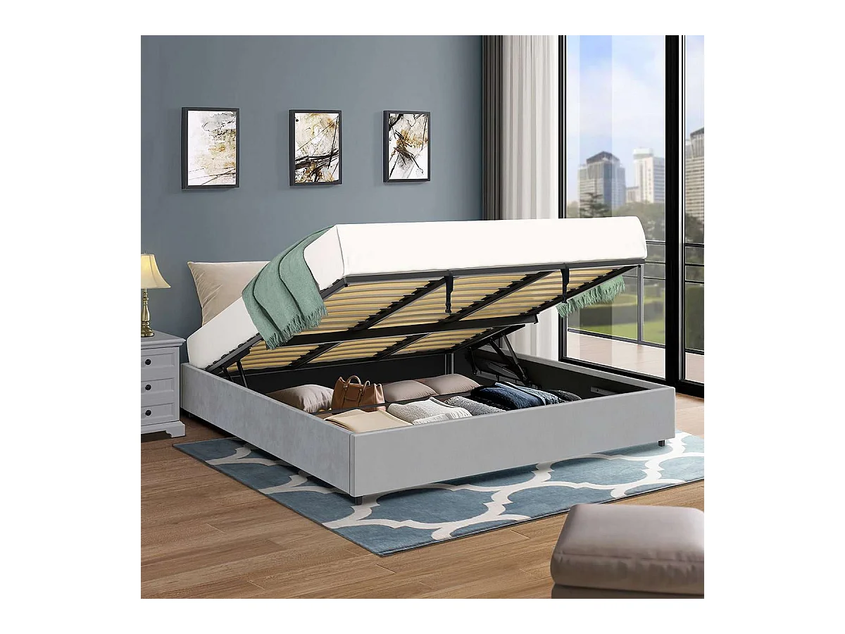 Lit coffre plateforme – extra grand couchage 180x200 cm - tissu velours gris - sommier inclus - LANCE