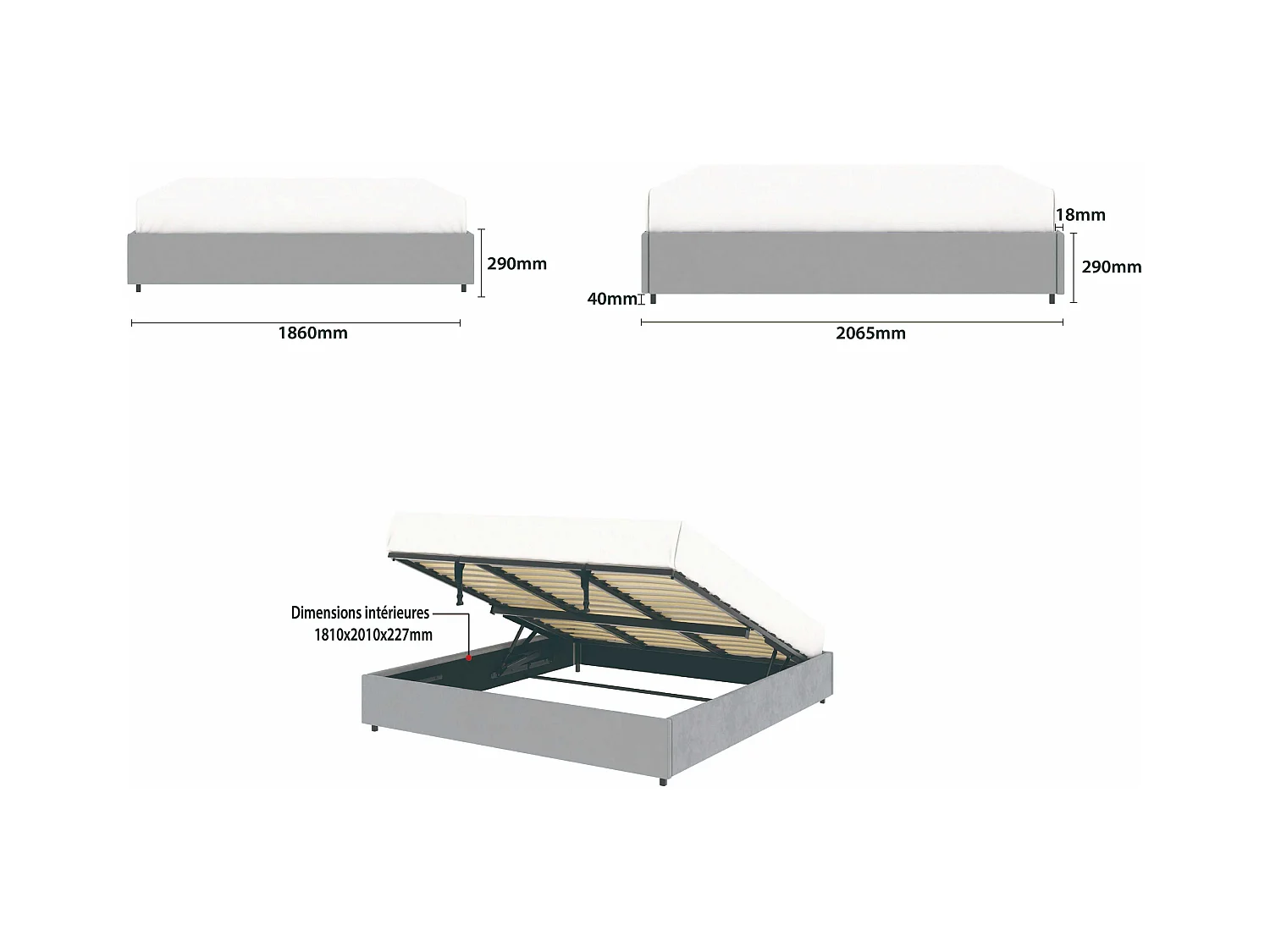 Lit coffre plateforme – extra grand couchage 180x200 cm - tissu velours gris - sommier inclus - LANCE