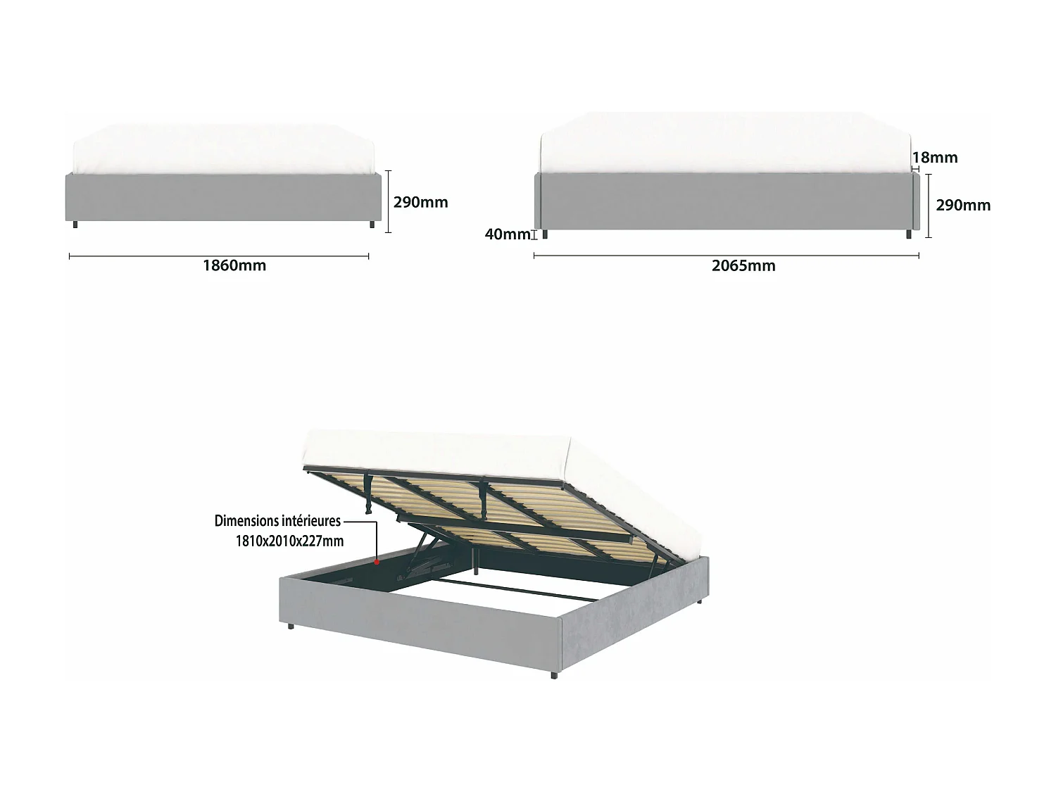 Lit coffre plateforme – extra grand couchage 180x200 cm - tissu velours gris - sommier inclus - LANCE